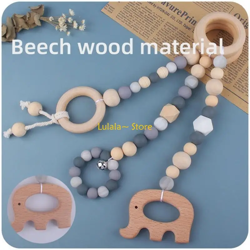 

Y4QA 3 Pcs/Set Baby Gym Frame Pendant Beech Wooden Ring Silicone Beads Teether Stroller Rattle Infants Newborn Teething Nursing