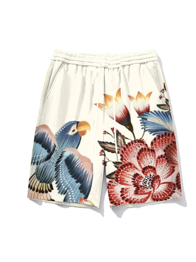 ZOOY (L-9XL) Shorts Plus Size Retro Hip Hop Trend Flower Bird Fashion Statement Lace-up Shorts