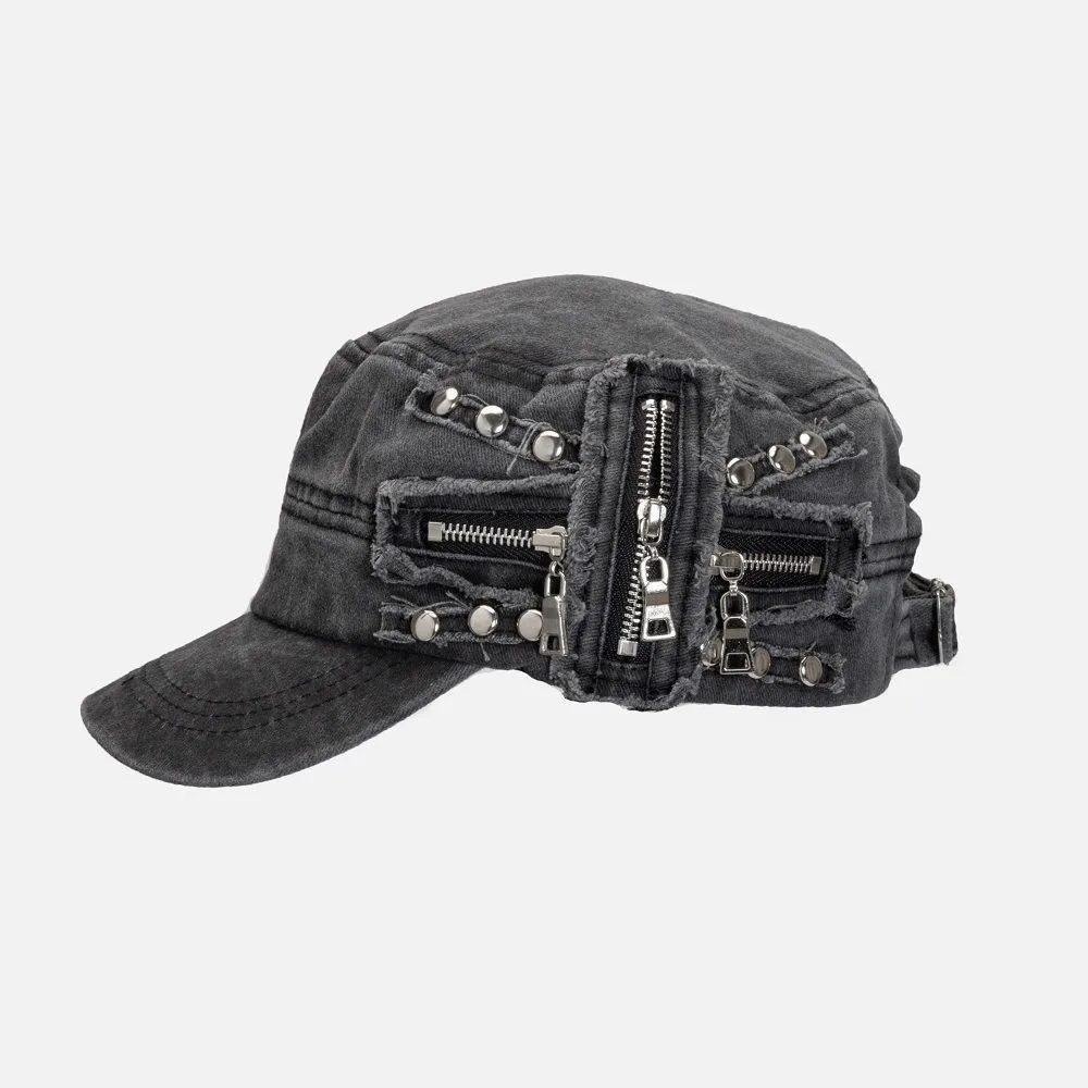 Fashion Cloth Rivet Denim Beret Zippers Washed Cotton Metal Rivet Flat Top Hat Korean Style Y2k Equestrian Hat Girl