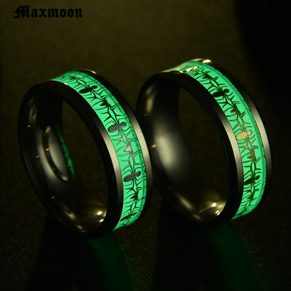 Maxmoon Stainless Steel Glow in the Dark Ring Spider  Luminous Ring for Men Personalized Glow Wedding Band Ring Male