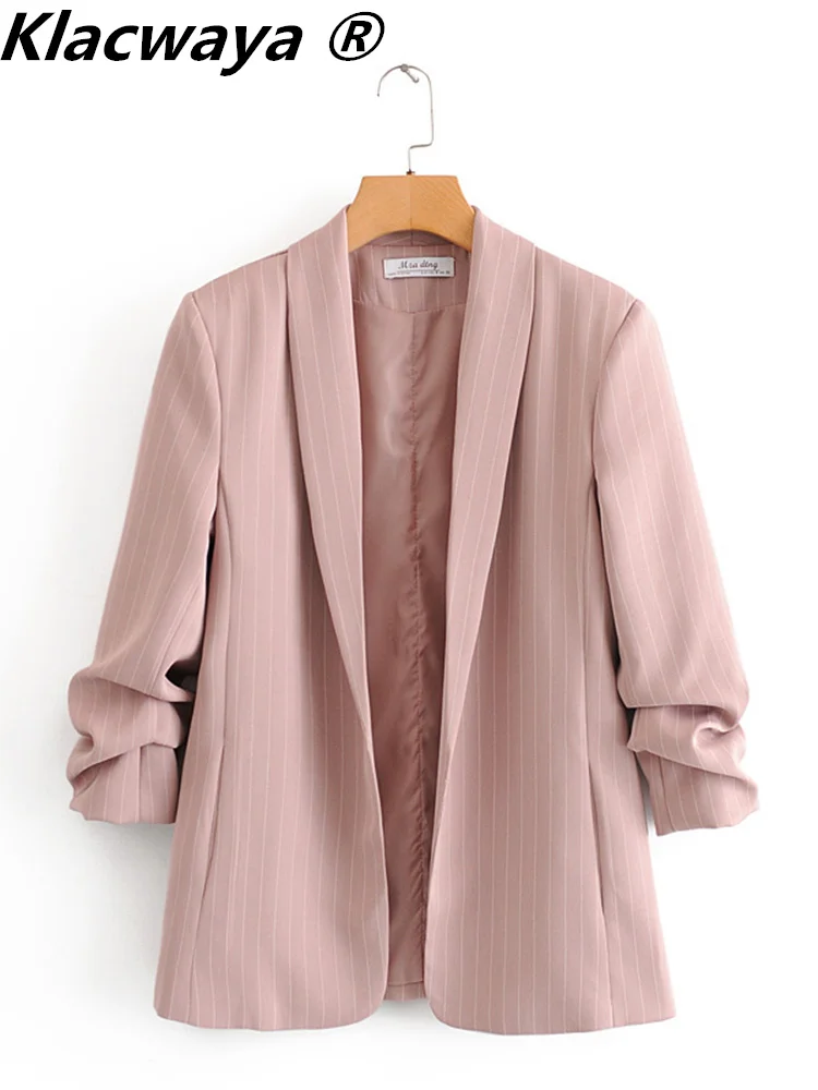 Klacwaya Blazer Women Jacket Spring Office Lady Striped Female Blazers Women Clothing Casual Coat