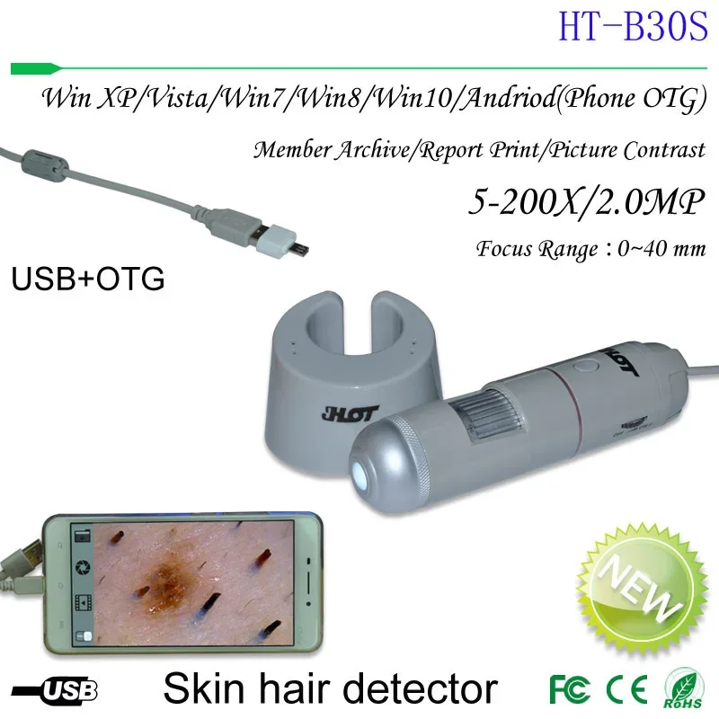 HT-B30S 5-200X Magnification Portable Hair & Scalp Microscope - 2MP HD Dermatoscope with OTG for Smartphones - Handheld Skin Ana
