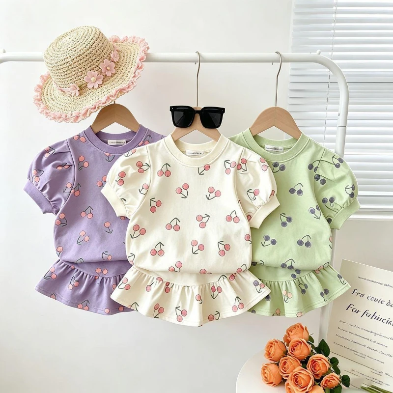 

2026 New Girls' Sweet Cherry Soft Glutinous Cotton Ruffled Short Skirt and Half Sleeved Two-piece Set