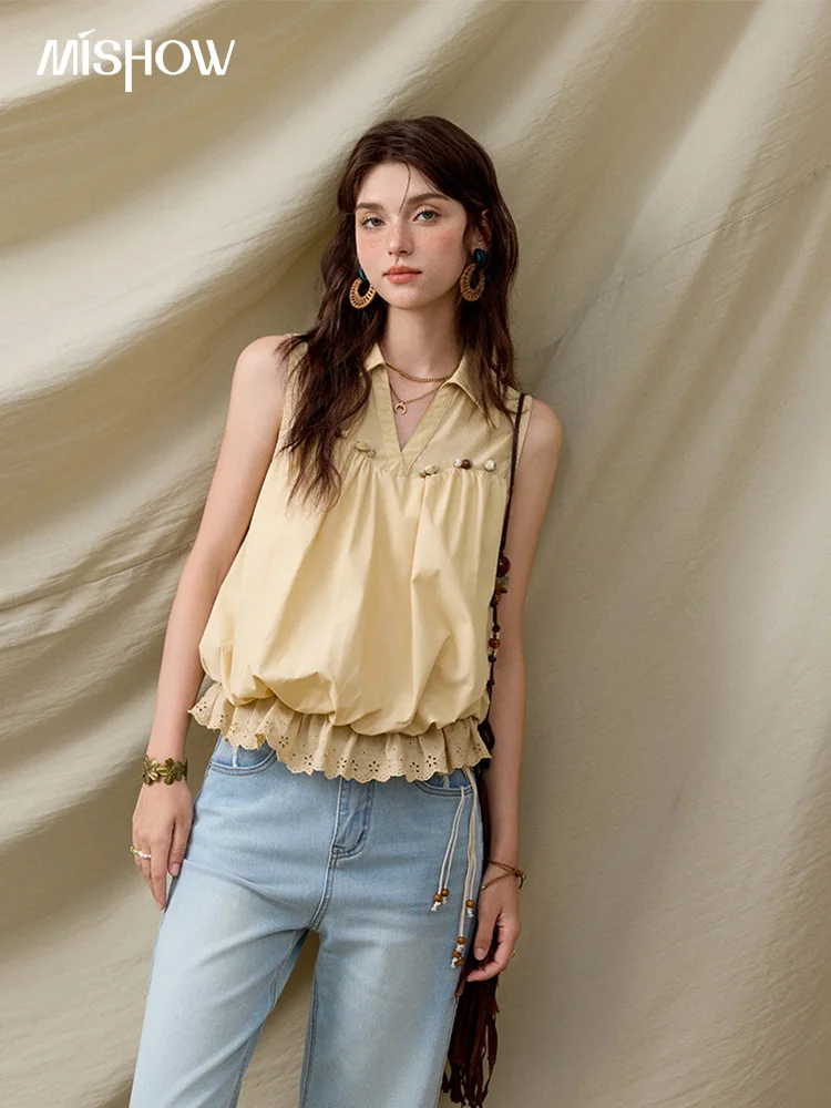 MISHOW Office Lady New Blouse Women Summer New Sleeveless Turn-down Collar Hollow Lace Shirts Female Slimming Fashion MXE31X1760