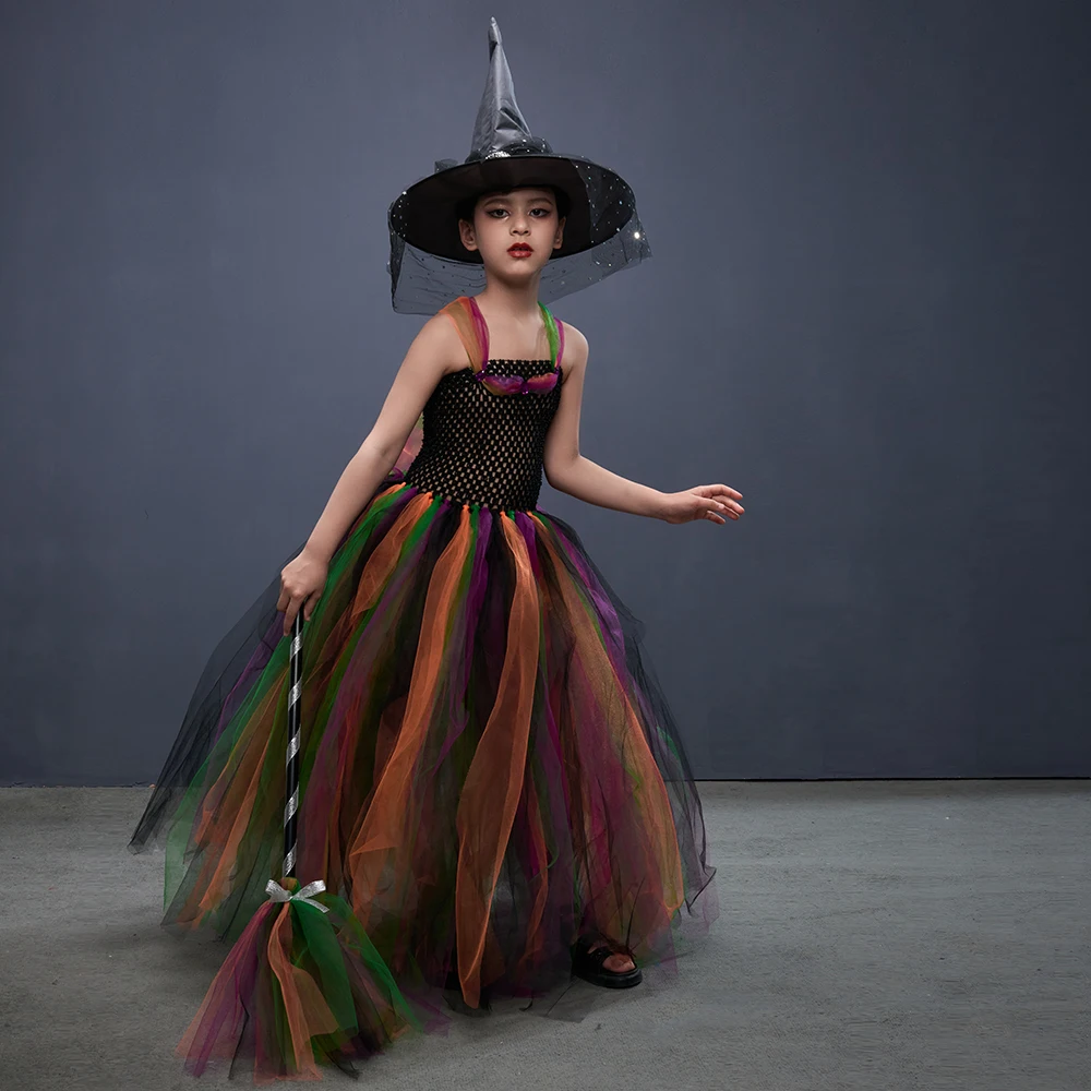 Wicked Witch Girl Halloween Costume for Kids Gown Tutu Dress with Hat Broom Children Cosplay Carnival Party Dress Up Clothing