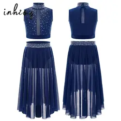 Girls Modern Lyrical Dance Set Mock Neck Sleeveless Crop Top with Irregular Mesh Skirt Rhinestones Skating Ballet Dancewear