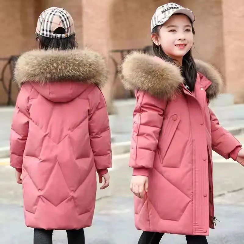 New Very Keep Warm Fashion Girls Jacket Long Style Big Fur Collar Detachable Hat Heavy Coat For 2-12 Years Kids