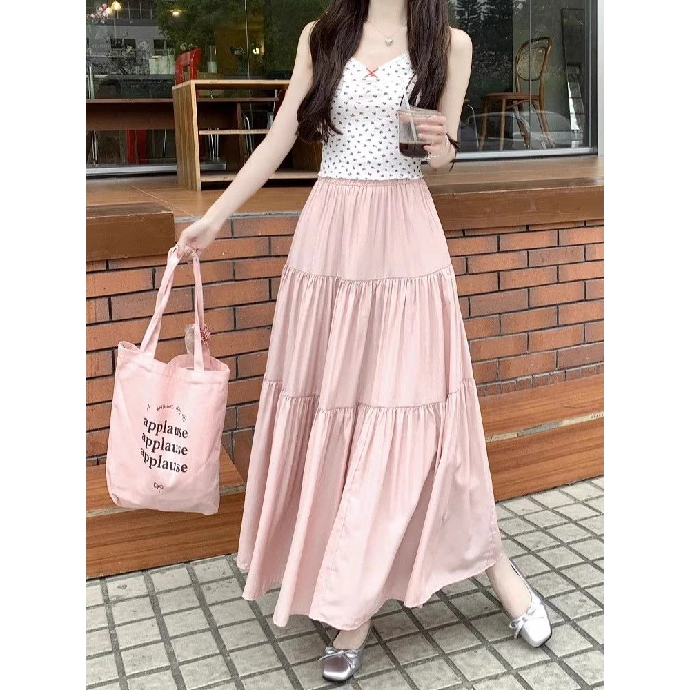 Pink High Waist A-Line Midi Skirt Women's Early Spring New Style Pear Shape Slimming Cake Skirt for Plump Sister