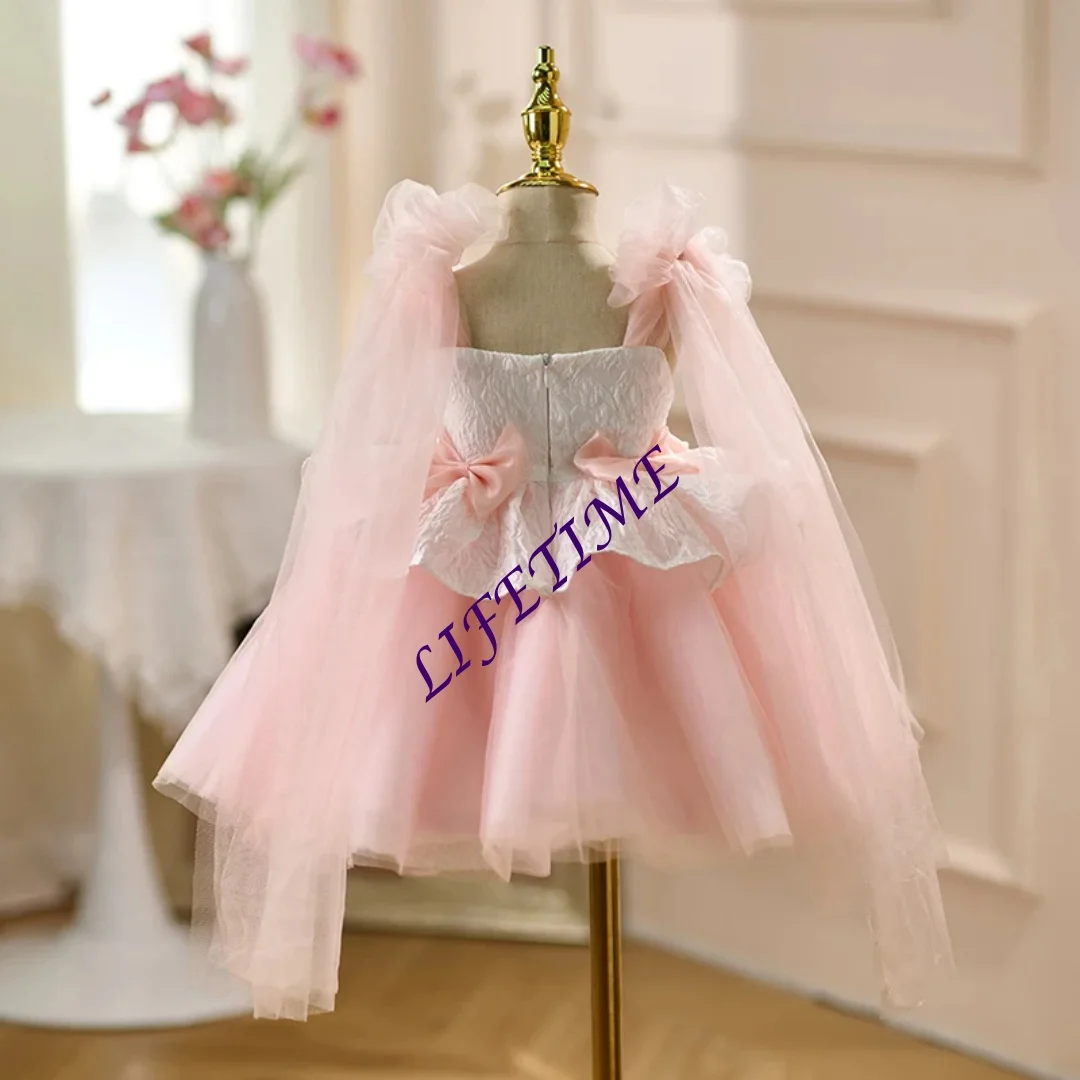 تخصيص الوردي زهرة فتاة اللباس أكمام الانحناء طول الركبة الأميرة الاطفال الزفاف 1st عيد ميلاد حزب مهرجان ثوب رسمي #2