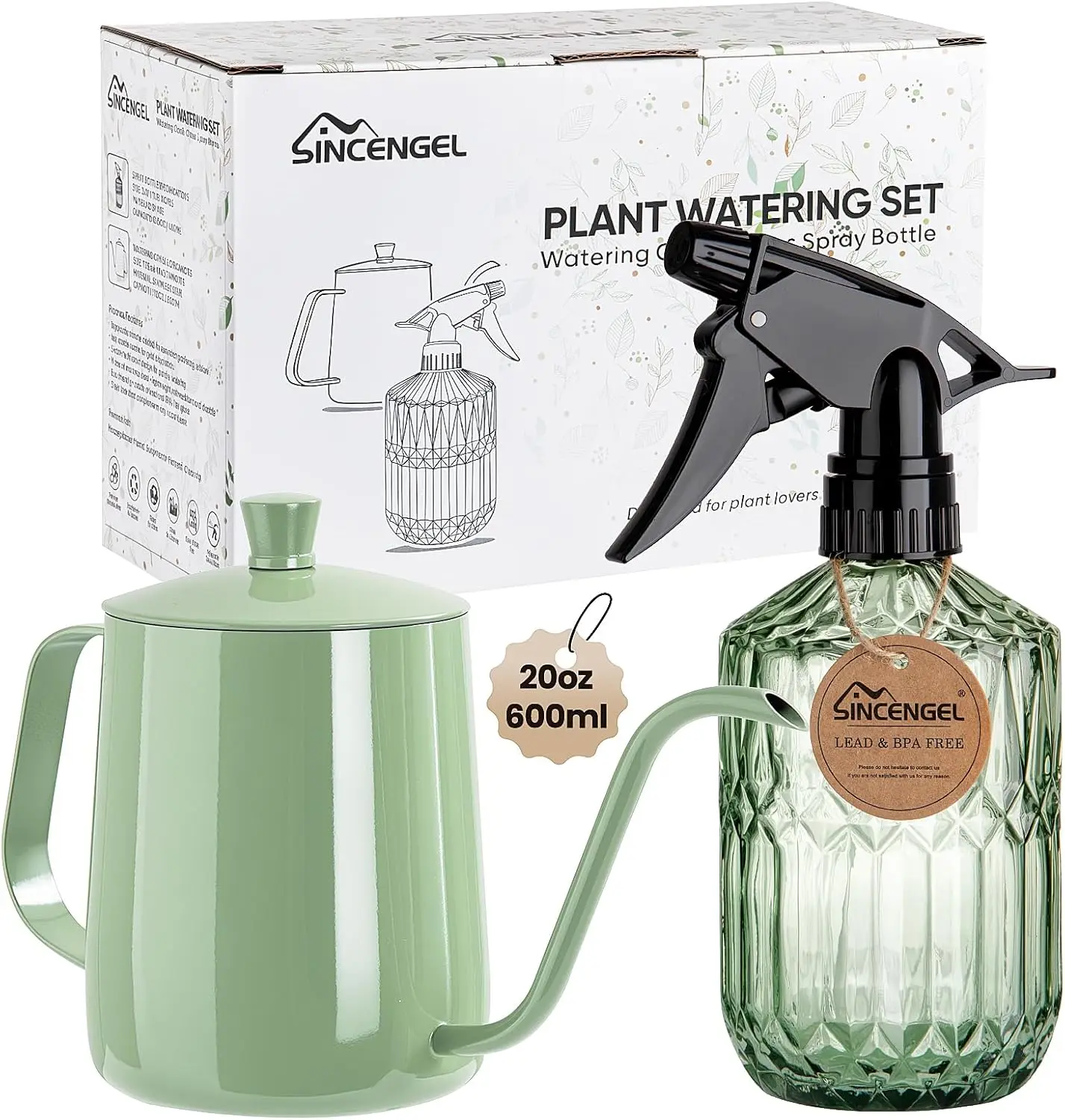 

20 oz Metal Watering Can with Long Spout for Indoor Plants, 13.5 oz Glass Mister Spray Bottle for Bonsai and Flowers in Green