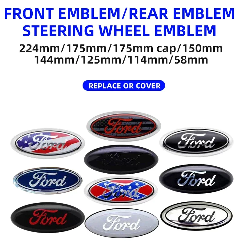 224mm 175mm 150mm 144mm 125mm 114mm 58mm Car Front Bonnet Hood Rear Tail Trunk Emblem Badge Logo For Ford Mondeo edge Focus Kuga
