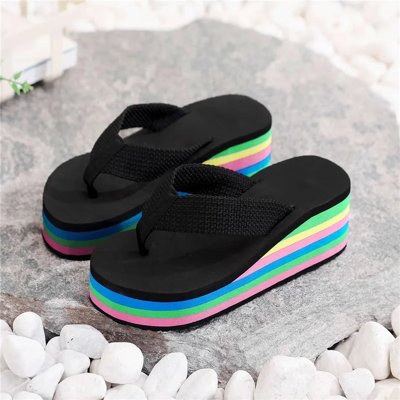 Fashion Women\'s Rainbow Thick Bottom Summer Slippers High-Heeled Colorful Flip Flops for Casual Beachwear Female Outdoor Shoes