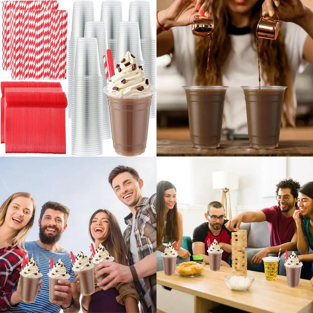 

Набор одноразовой посуды — 200 штук, пластиковые поплавковые стаканчики для пива на 16 унций, 8,27-дюймовые ложки для мороженого, красные бумажные соломинки для парфейсов