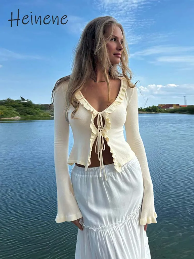

Heinene однотонный топ с рюшами и завязками, осень 2021, женская блузка с расклешенными рукавами, повседневная универсальная приталенная рубашка, сексуальный уличный стиль