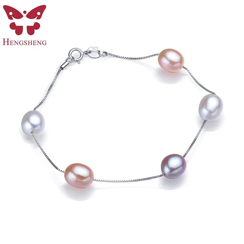 

HENGSHENG Genuine 925 Sterling Silver Bracelet For Women 6-7mm/8-9mm Natural Freshwater Pearl Silver Chain Jewelry Gift