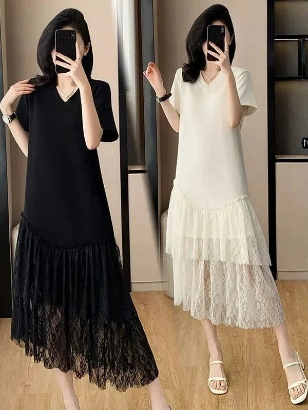 Coréen Sle dentelle épissure surdimensionné v-ne t-shirt Dr femmes Ele polyvalent pull Dr été décontracté a-ligne jupe