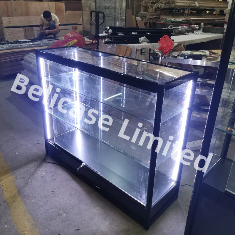 

2025customized. hot sale retail smoke shop aluminum display with LED lights full cabinet trophy small glass showcase