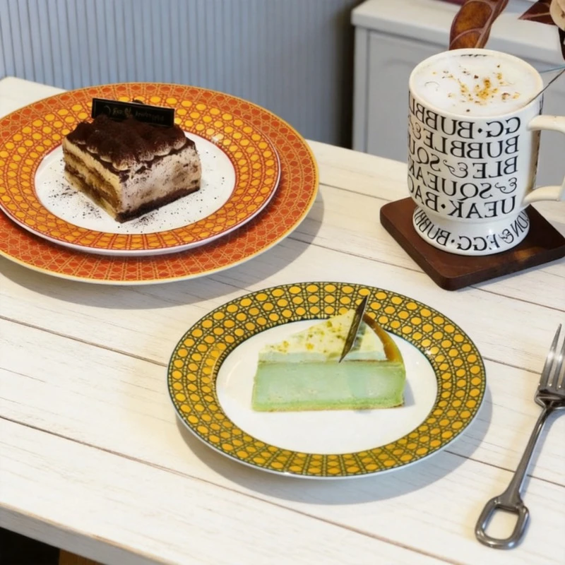 High-End Hotel Bone China Steak Flat Plate Gold Grid Pattern 10 Inch Double Plate Gift