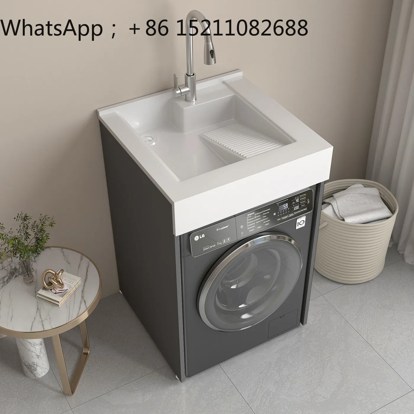 LLY small apartment washing machine cabinet integrated balcony stainless steel laundry sink basin with rubbing board combination