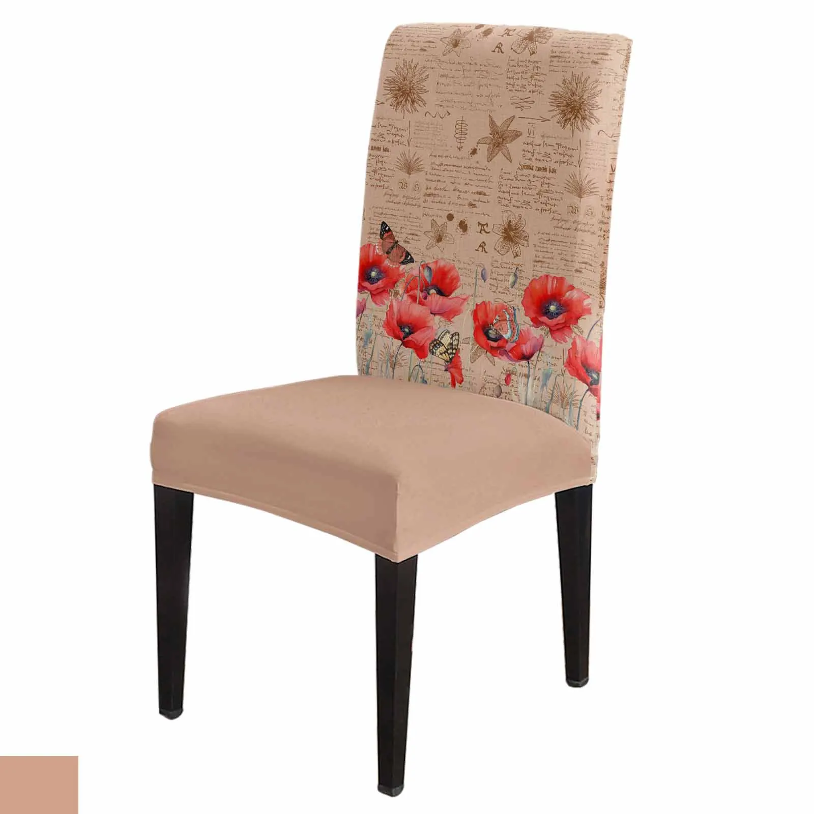 Poppy Flower Retro Butterfly Dining Chair Covers Spandex Stretch Seat Cover for Wedding Kitchen Banquet Party Seat Case