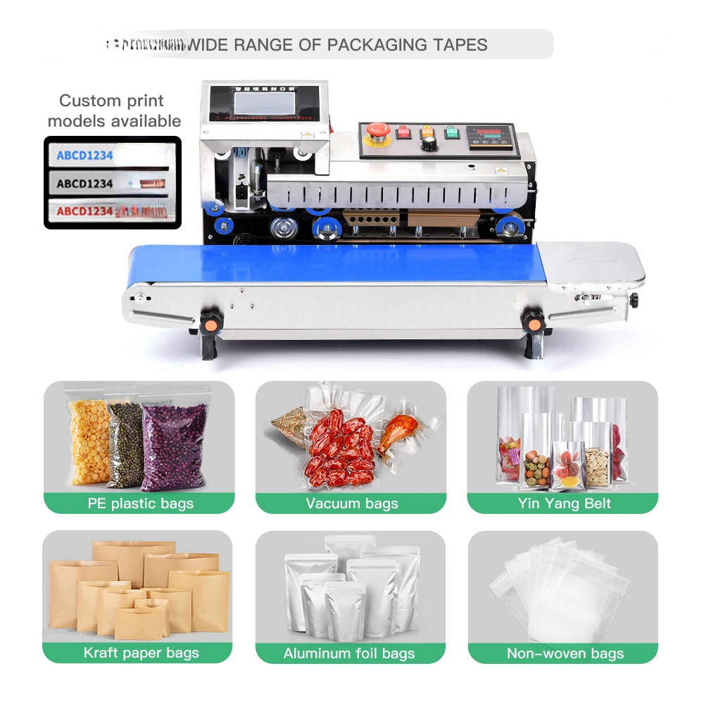 FR-1600 Stainless Steel Automatic Horizontal Plastic Film Bags Heat Sealing Machine Continuous Band Sealer Machine