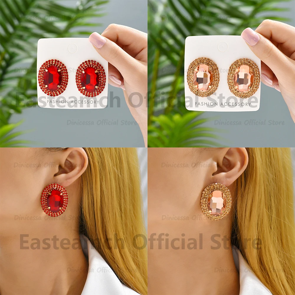 Vintage Charm Sparkly Glass Crystal Big Stud Earrings For Women Luxury Design  Unique Female Holiday Statement Y2k Jewelry Gift