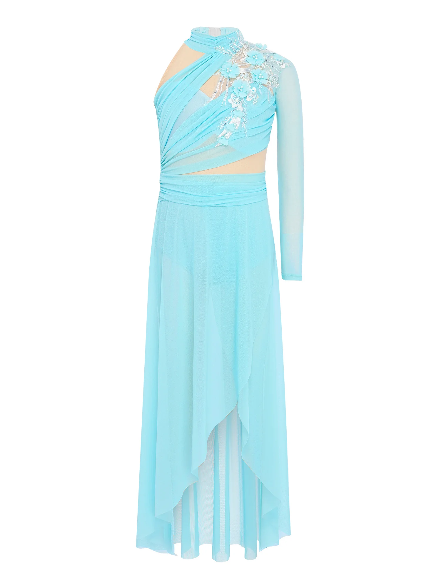 Meisjes Lyrische Dans Jurk One-schouder Applique Sheer Mesh Kunstschaatsen Ritmische Gymnastiek Ballet Maillots Moderne Danskleding - afbeelding 2