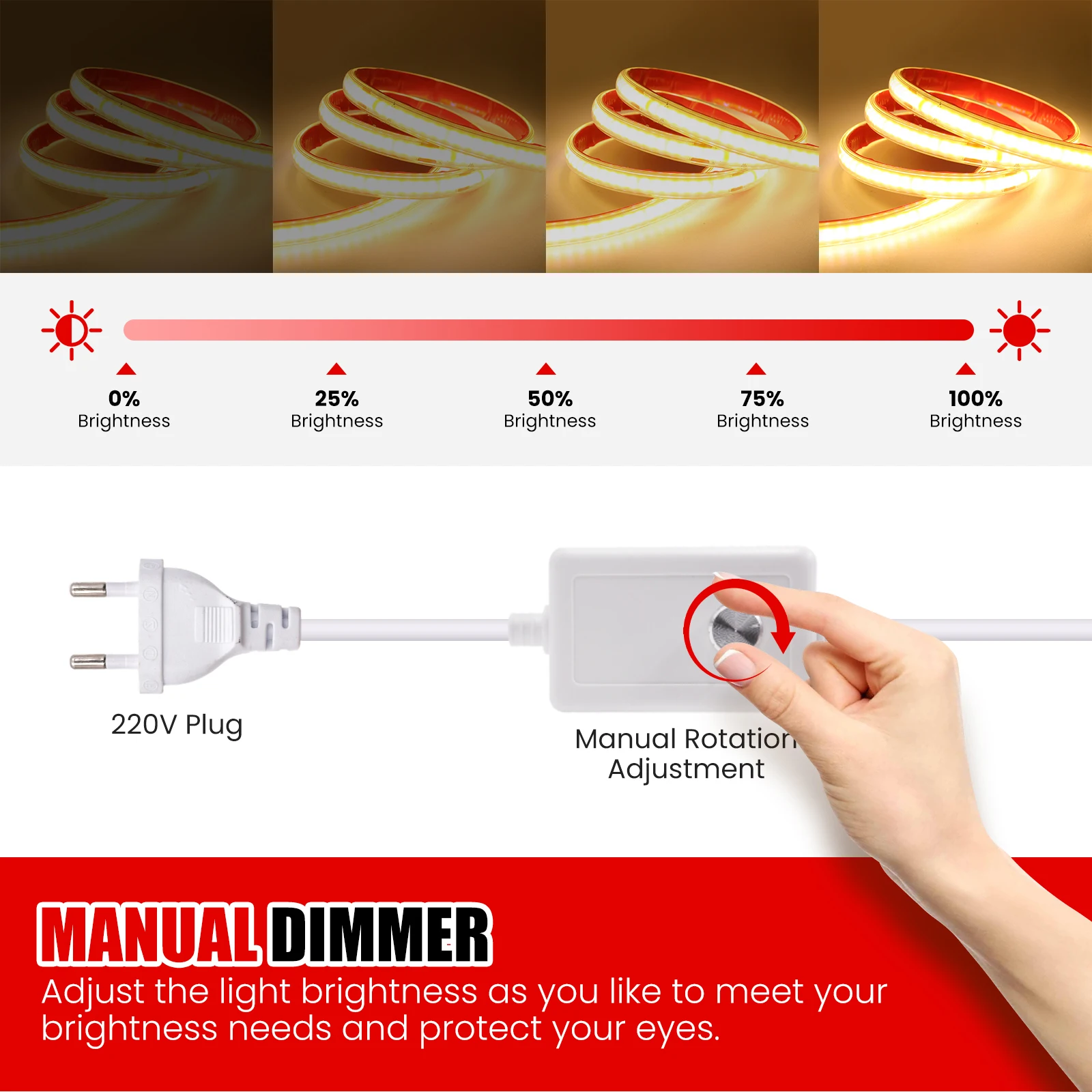 220V Dimmable COB LED Strip Light Switch/Dimmer EU Power Kit Waterproof 240LEDs Warm Natural White Adhesive Tape Linear Lighting view 3