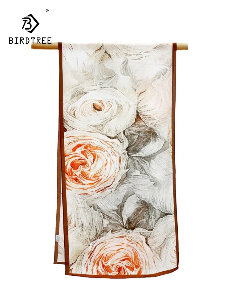 Birdtree, 100%Real Slik Elegant Scarf, Women Rose Flower Printed, Mom Gifts All-match Fashion Scarves, 2024 Summer New A458124QC