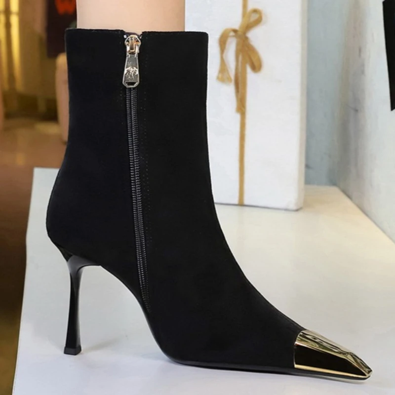 BIGTREE Shoes 2026 Suede Women Boots Sexy Metal Pointed Leather Boots Side Zipper Ladies Ankle Boots Stiletto High-heeled Boot