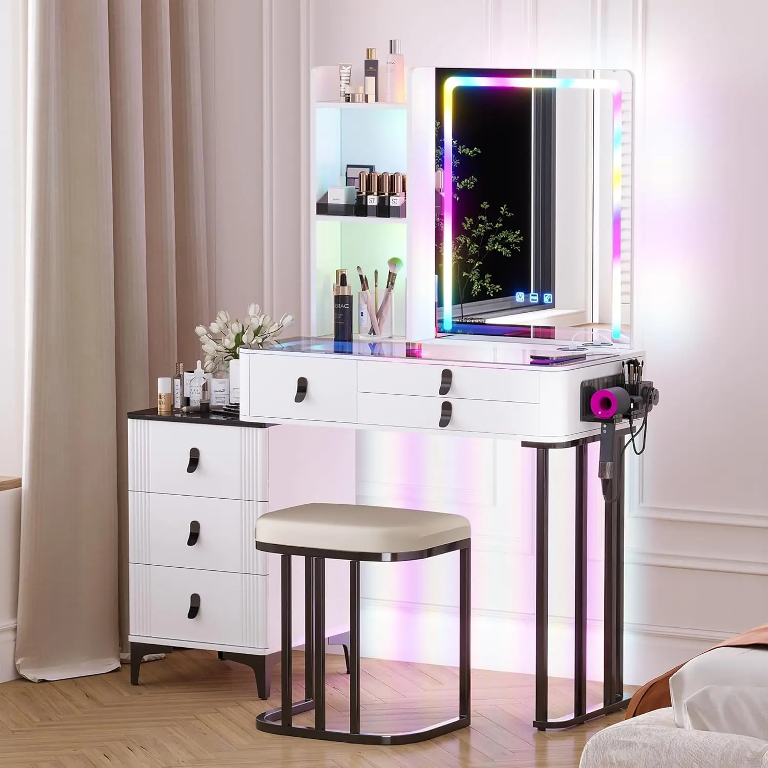 Vanity Desk with Wireless Charging Station,7 Dynamic and 7 Static Dimmable Table Set with Storage Cabinet and Stool