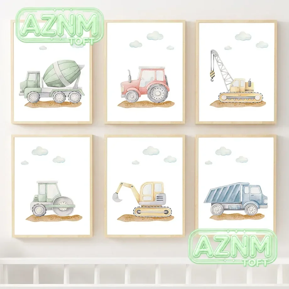 Toy Cars Canvas Posters Excavator Prints Pictures Forklift Bulldozers Art Prints Nursery Wall Posters Kids Boys Room Decorati
