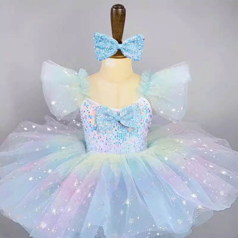 

Kids Sky Blue Sequined Ballroom Clothing Girls Jazz Dance Party Dresses Dance Costume Children Modern Dance Wear Tutu Dress