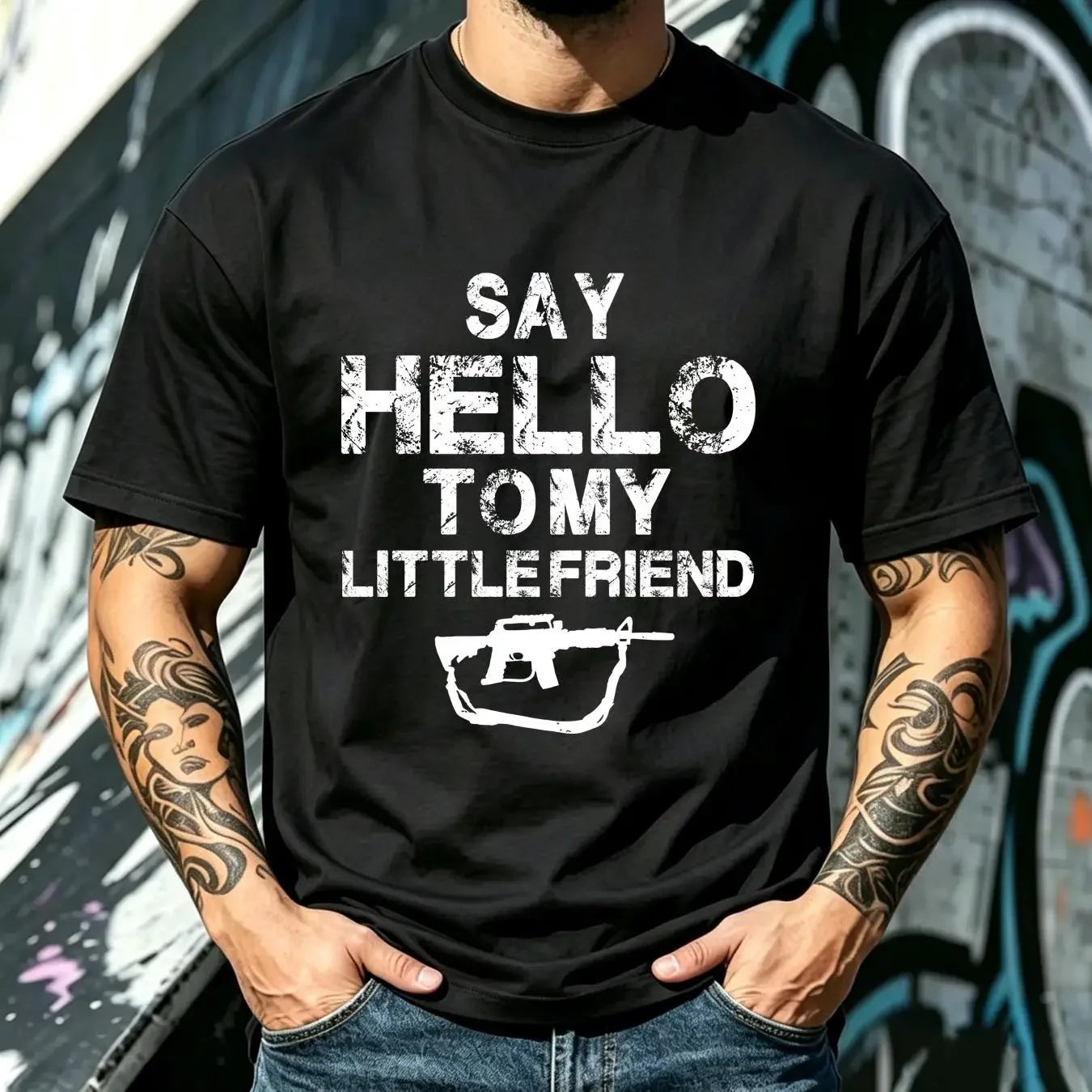 washed T Shirt Say Hello To My Little Friend Mossberg 590 Fun Tactical Black vintage Washed graphic Comfortable Unisex Casual