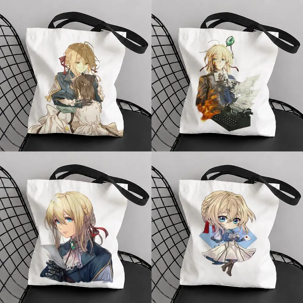 Anime V-Violet E-Evergarden Storage Bags Large Capacity Canvas Tote Bag Double-Sided Print Shoulder Handbag for Daily Shopping