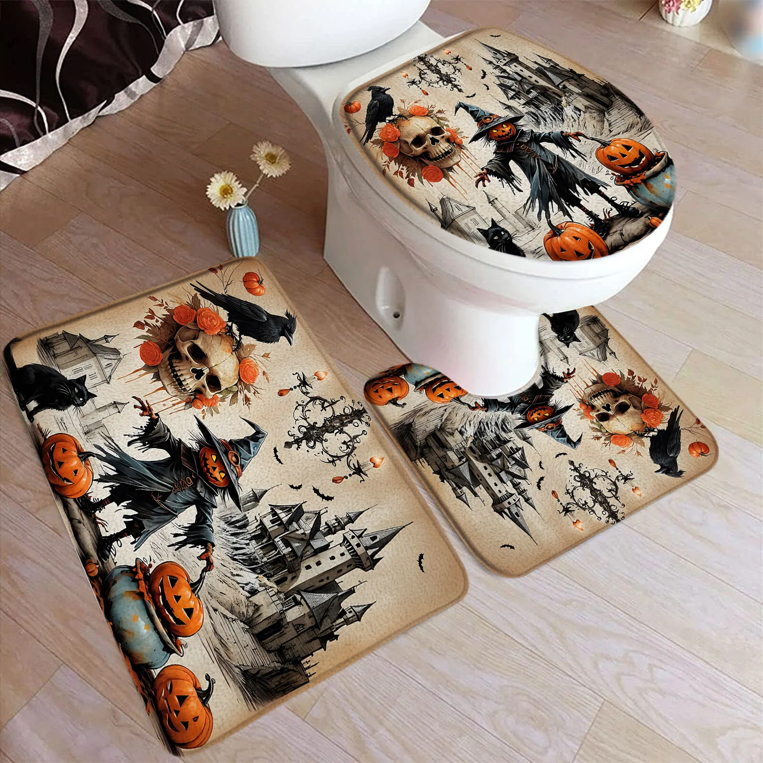 Halloween Bath Mat Set Black Bat Dead Tree Pumpkin Scary Skeleton Home Carpet Bathroom Decorative Floor Rugs Toilet Lid Cover