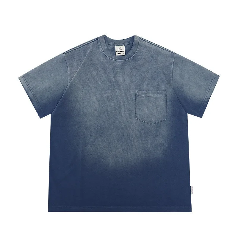 Japanese Retro Washed Distressed Dye Short Sleeved T-shirt for Men's Trendy Loose Casual Short