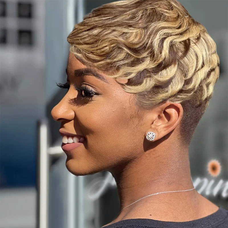 Human Hair Wig Blonde Highlight Short Pixie Cut with Bangs for Daily Wear Full Machine Wig for Women