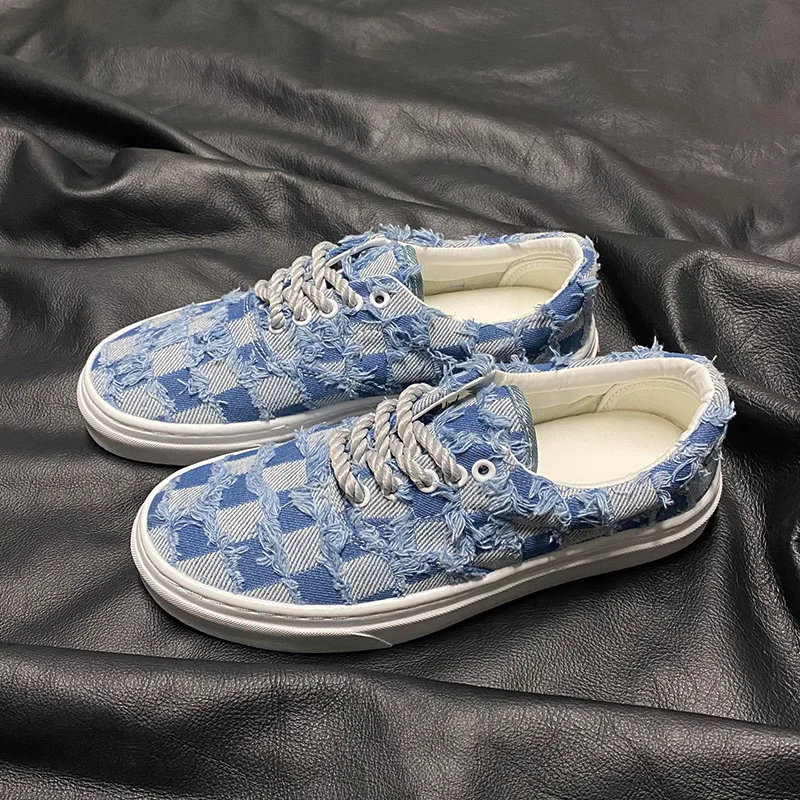 Blue Plaid Rough Edge Low-top Board Shoes Large Size Men Women's Same Style Couple Versatile Sports Fringed Tide Casual Shoes