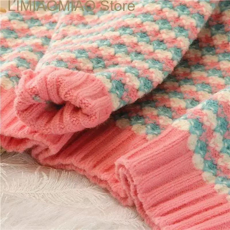 New Plaid Preppy Style O-Neck Chic Long Sleeve Acrylic Knitted Women Sweater Fashion Thick Pullover Sweaters Autumn Winter