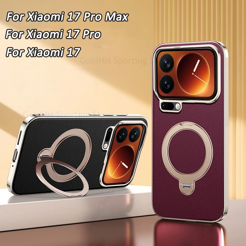 

Leather Plating Ring Holder Kickstand Case For Xiaomi 17 Pro Max Electroplated Soft Phone Bumper Cover For Xiaomi17 Pro mi 17Pro