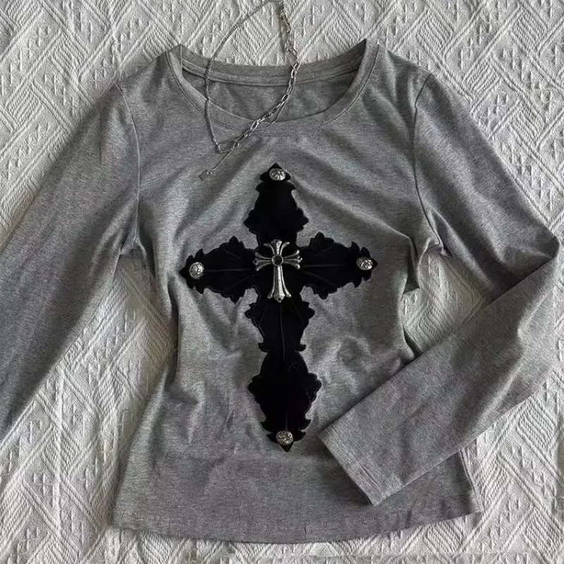 Vintage Gothic Aesthetics T-shirt Women Harajuku Streetwear Punk Embroidery Button Long Sleeve Slim T- Tops Y2k Clothing Design
