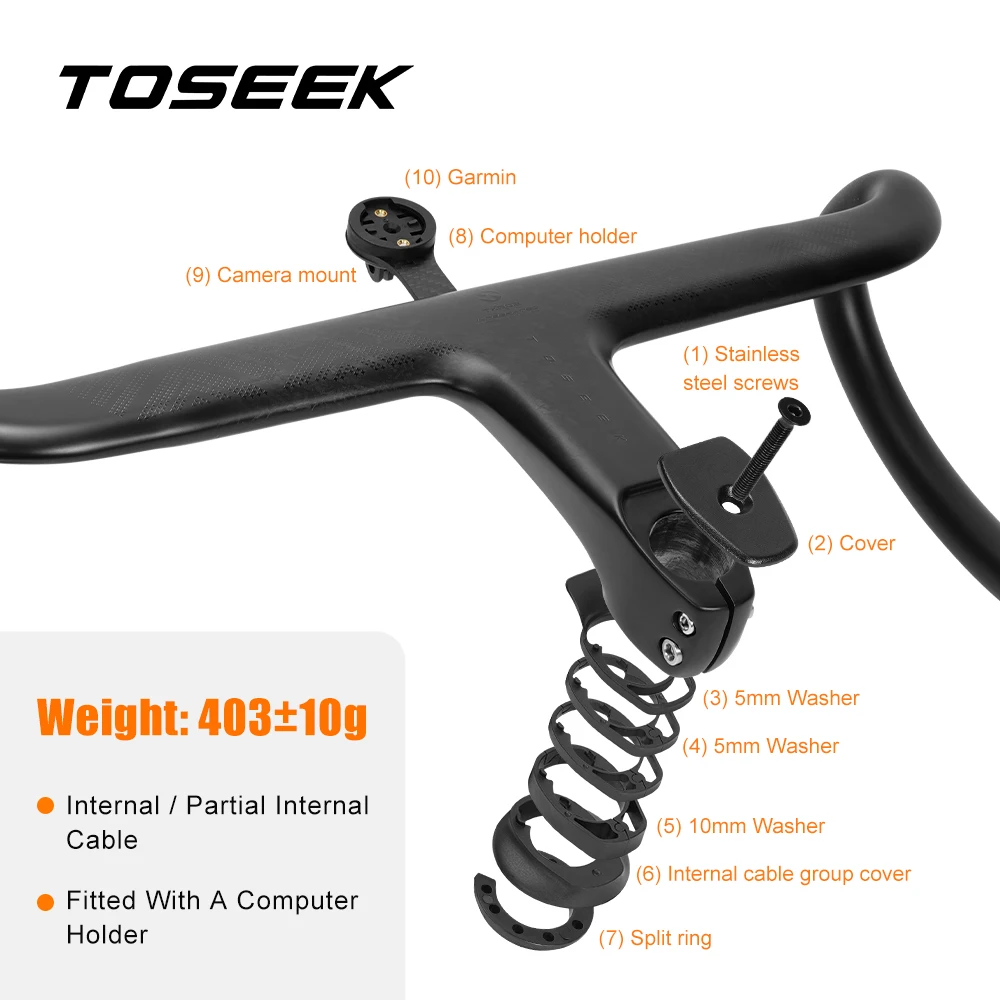TOSEEK TKR02 T700 Carbon Integrated Handlebar Road Bike One Piece Aero Drop Bar Internal Cable Routing Support Di2 Bicycle Cockp