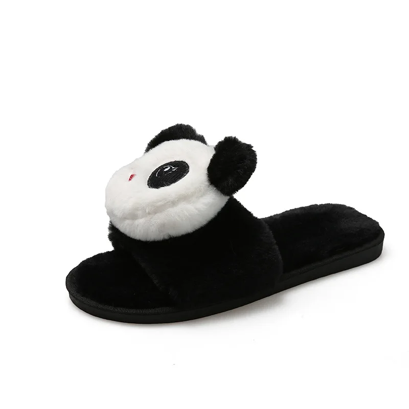 Cute Cartoon Fur Slippers Women\'s2022 Winter New One Word Cotton Slippers Home Panda Plus Size Warm Plush Slippers Mujer Slides