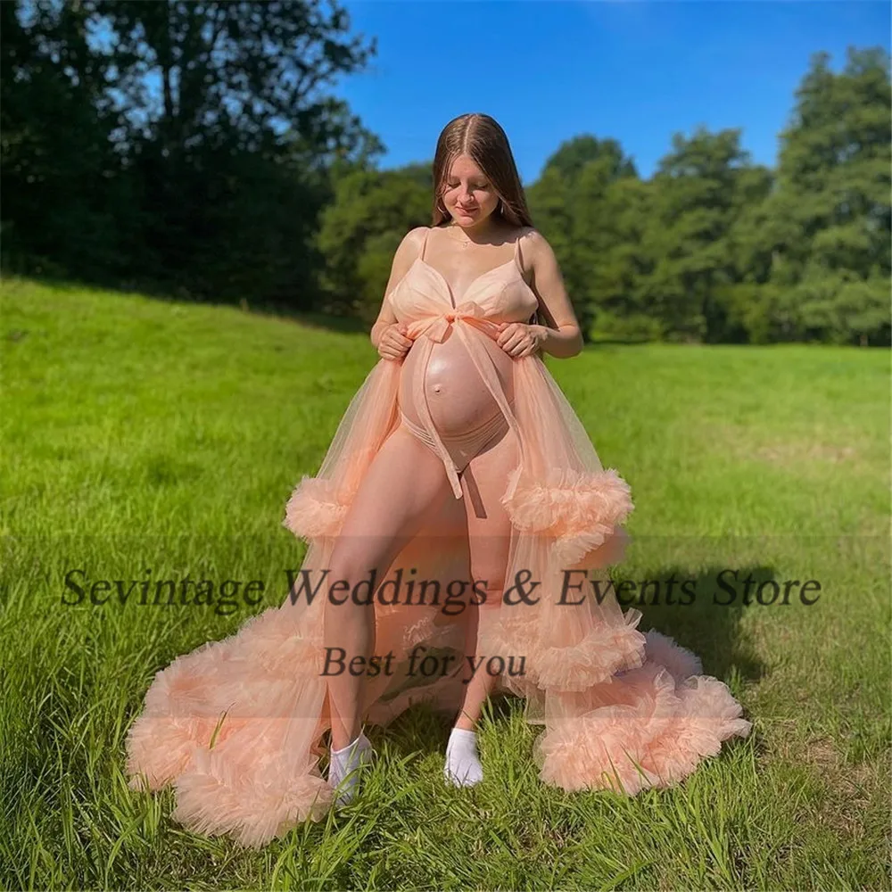 Sevintage Vintage Flesh Pink Empire Maternity Evening Dresses Tulle Tiered Ruffles Pregnant Woman Gowns Sweep Train Prom Dresses