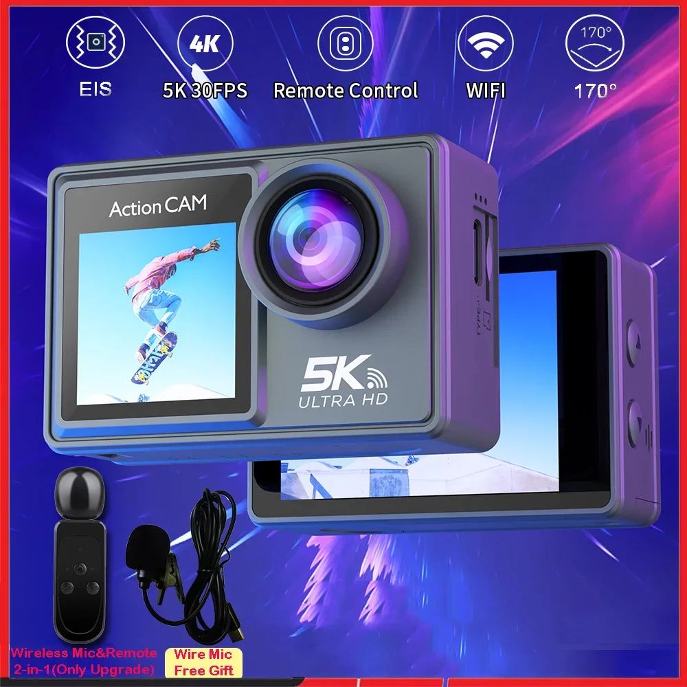 5K 4K60FPS 액션 카메라 듀얼 IPS 터치 LCD EIS 170 °   DVR 30M 방수 5X 줌 스포츠 카메라(무선 마이크 및 사전 녹화 기능 포함)