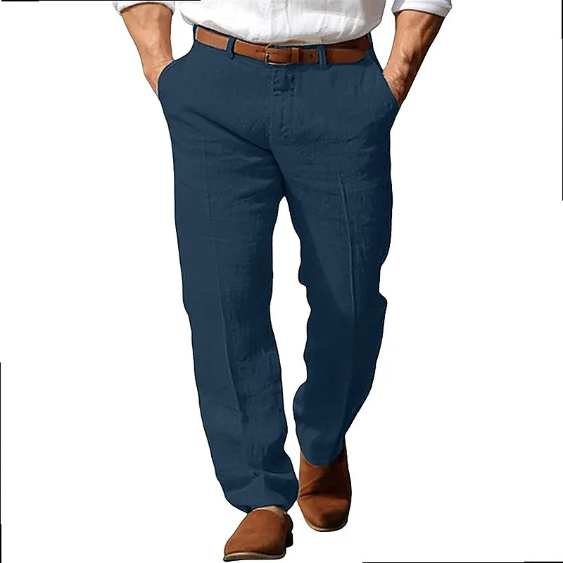 Men's Linen Pants Summer Beach Straight Casual Comfortable Breathable Drawstring Trousers Linen Pant