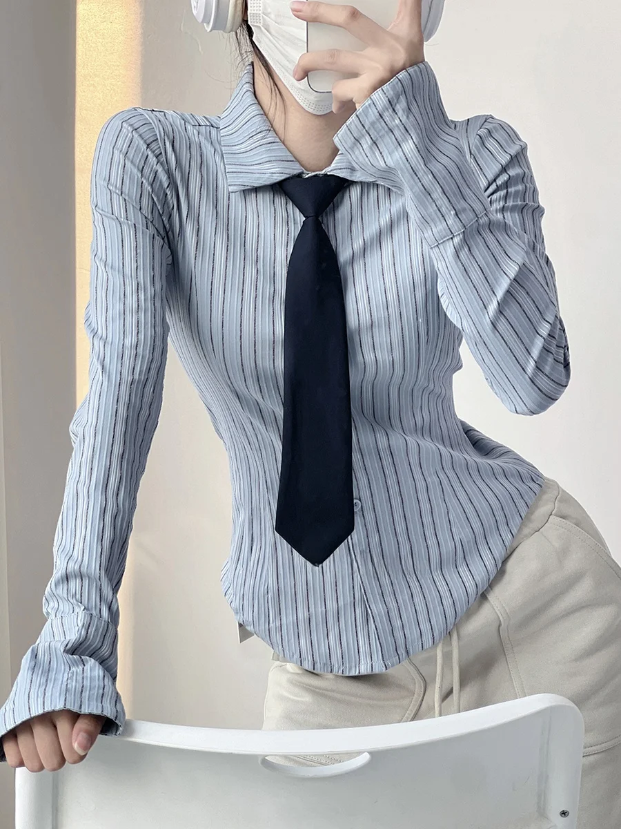 

Slim Fit Striped Shirt Women's Sweet Style College Campus Feel Checkered Pattern Turn-down Collar Waist-cinching Long Sleeve Top