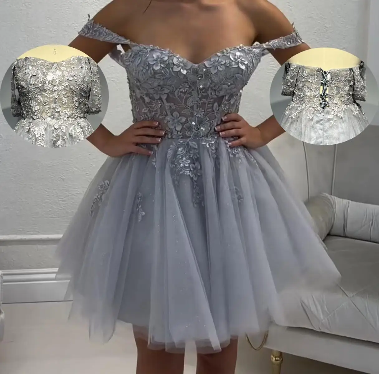 Kanten tule homecoming-jurken Korte off-shoulder cocktailjurken DAMA-jurken met kralen Kanten feestjurk