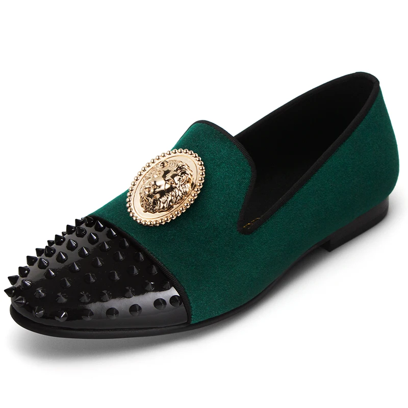 Harpelunde Lion Emblem Dress Wedding Prom Shoes Spikes Cap Toe Tuxedo Velvet Loafers